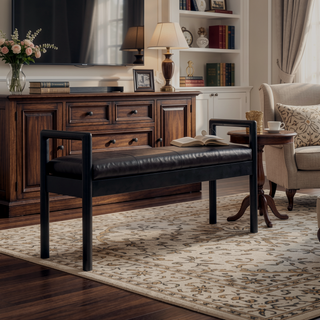 Sunvega Minimalist Solid Wood Gridline Bench with Black Leather Upholstered Frame