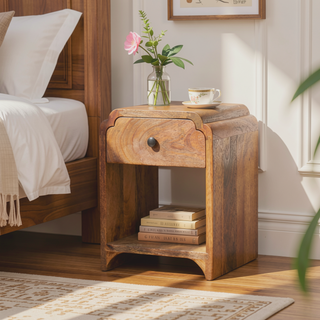 Sunvega Handcrafted Solid Mango Wood Nightstand with Drawer and Open Shelf