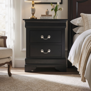 Sunvega Elegant Black Traditional Nightstand with Two Drawers for Bedroom