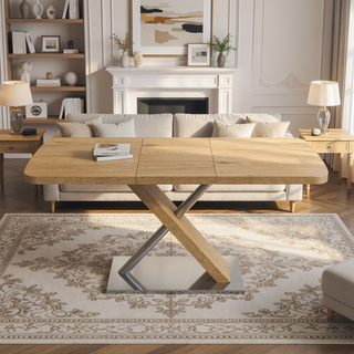 Sunvega Natural Retractable Dining Table with Cross Metal Base Seating 4-6 People