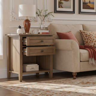 Sunvega Solid Wood Bedside Table with Two Drawers and Lower Shelf Storage