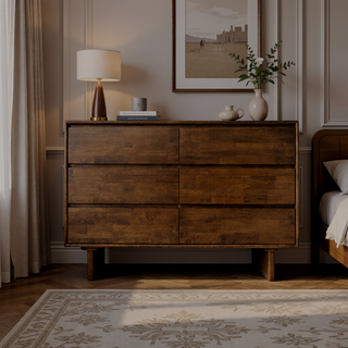 Sunvega Mid Century Modern Walnut Brown Dresser With Six Spacious Drawers