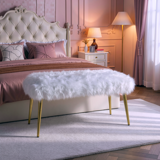 Sunvega White Faux Fur Upholstered Bench with Gleaming Gold Metal Legs