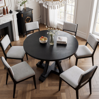 Sunvega Distressed Black Round Dining Table with Hand-Stained Oak Veneer Finish
