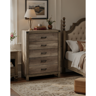 Sunvega Contemporary Rustic Five Drawer Chest with Melamine Finish and Metal Hardware