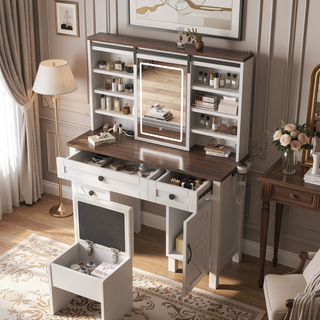 Sunvega Farmhouse Vanity Desk with Sliding LED Mirror Lights and Hairdryer Holder