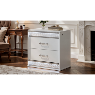 Sunvega Glam Modern White Wood Nightstand with LED Lights and Velvet Lined Drawer