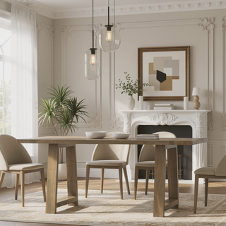 Sunvega Grey Wash Solid Mango Wood Farmhouse Dining Table with Trestle Base