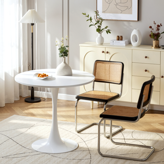 Sunvega White Nordic Style Hourglass-Shaped Round Table with Stable Metal Legs