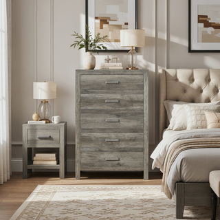 Sunvega Weathered Gray Finish 6 Drawer Dresser Faux Wood Veneer Bedroom Furniture