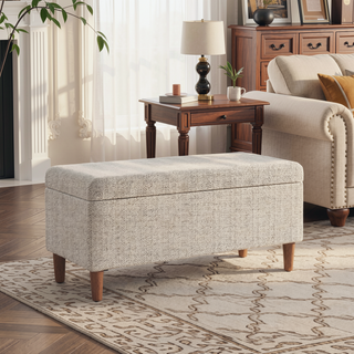 Sunvega Cream Chevron Woven Fabric Storage Bench Ottoman with Hardwood Frame
