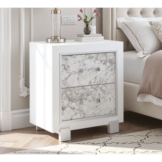 Sunvega Marble Style White Nightstand with Spacious Drawers and Knob Hardware
