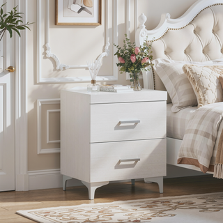 Sunvega White Nightstand with Two Dovetail Drawers and Metal Glides