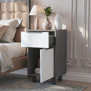 Sunvega Smokey Oak and White 1-Drawer Nightstand with Cabinet and Four Legs