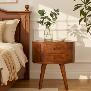 Sunvega Functional and Stylish Brown Chestnut Rounded Bedside Table with 2-Drawers
