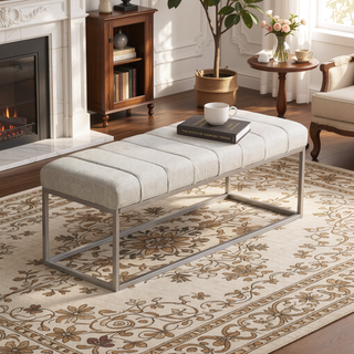 Sunvega Beige Tufted Upholstered Bench with Plush Cushioned Seat and Champagne Metal Legs