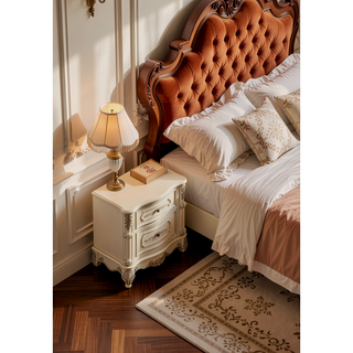 Sunvega White Transitional Nightstand with Faux Wood Carving and Nickel Hanging Pulls
