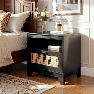 Sunvega Modern Cane Nightstand with Drawer and Open Cubby for Bedroom