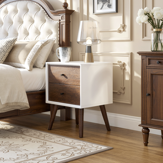 Sunvega Mid Century Modern White Night Stand with 2 Drawers for Bedroom