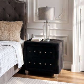 Sunvega Black Velvet Nightstand with Crystal Knobs and Two Drawers