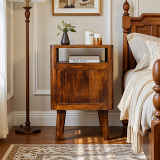 Sunvega Retro Modern Solid Mango Wood Nightstand with Chestnut Finish