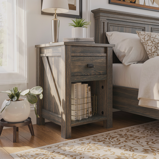 Sunvega Rustic Farmington Nightstand with Drawer and Open Cubby for Bedroom