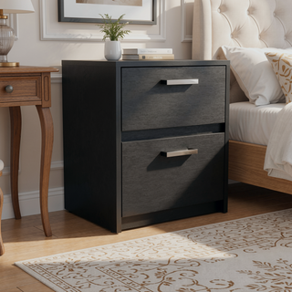 Sunvega Black Nightstand with Two Drawers and Metal Handles for Bedroom
