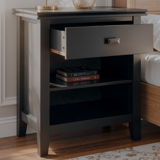 Sunvega Black Transitional Wood Bedside Table with Drawer and Storage Shelf