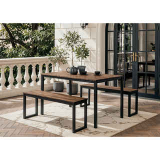 Sunvega Industrial Style 3pc Dining Set with U-Shape Metal Legs and Wooden Top