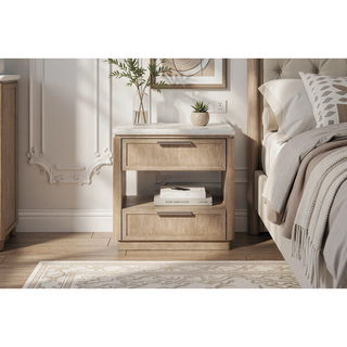 Sunvega Nightstand with Oak Veneer Drawer Fronts, Stone Top, and USB Charging Ports