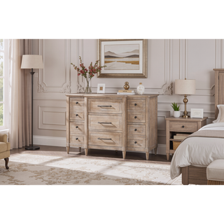 Sunvega Mindi Veneer Breakfront Dresser with Warm Sand Finish and Nine Drawers
