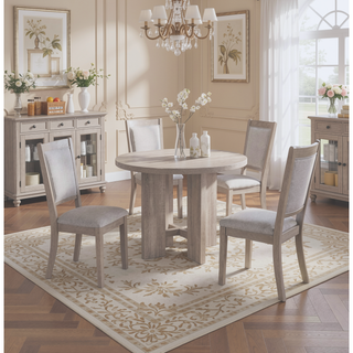 Sunvega Contemporary Round Dining Table with Cushioned Chairs and Nail Head Trim