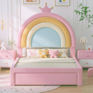 Sunvega Full Size Velvet Upholstered Rainbow Princess Platform Bed with Storage Drawer