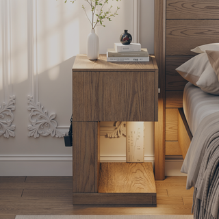Sunvega Modern Barley Brown Nightstand with LED Light and Open Shelf