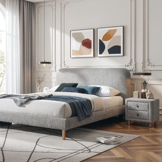 Sunvega Grey Boucle Upholstered Nightstand with Two Drawers and Wooden Legs