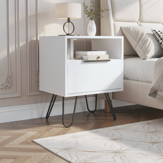 Sunvega Single Door Cabinet Nightstand with Hairpin Legs and Two Shelves