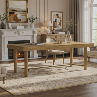 Sunvega Sand Wash Dining Table with Removable Leaf and Antique Brass Trestle Base