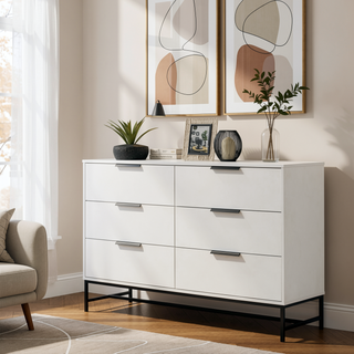 Sunvega Modern Minimalist White Six-Drawer Dresser with Black Bar Pulls for Bedroom