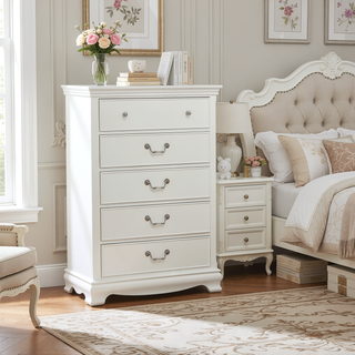Sunvega White Wood Nightstand with Dovetail Drawers and Polished Nickel Knobs