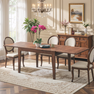 Sunvega Walnut Finish Extendable Dining Table with Self Storing Leaf Wooden Furniture