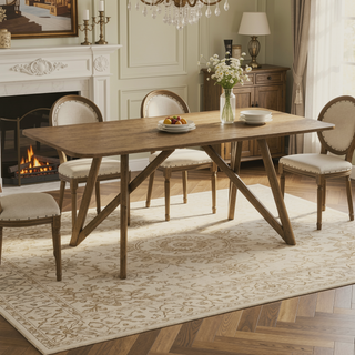Sunvega Walnut Oak Geometric Cross Base Rectangular Dining Table for 6