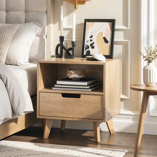 Sunvega Modern Nightstand with Open Cubby Sleek Cutout Drawer and Tapered Legs