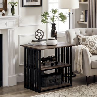 Sunvega Industrial Metal Frame Nightstand with Wooden Top and Two Open Shelves