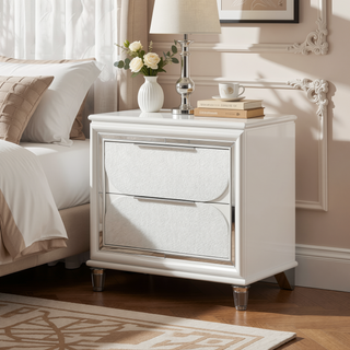 Sunvega Modern Pearl White Finish Nightstand with Large Storage Drawers and Acrylic Legs