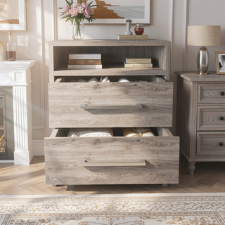 Sunvega 19.9 Inch High Nightstand with Two Drawers and Open Shelf