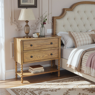 Sunvega Solid Wood 2 Drawer Accent Chest with Turned Legs in Camel Oak Finish