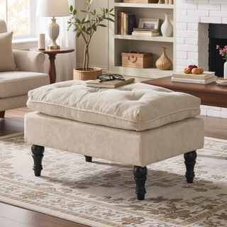 Sunvega Tufted Fabric Ottoman Footstool with Plush Pillow Top and Turned Legs