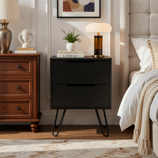 Sunvega Nightstand with Two Drawers and Four Steel Hairpin Legs