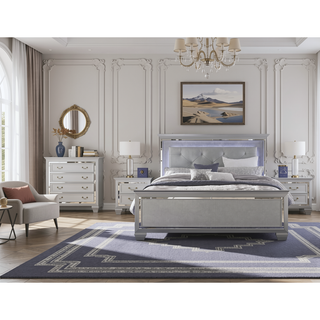 Sunvega Silver Faux Alligator Embossed Nightstand with 2 Dovetail Drawers and LED Lighting