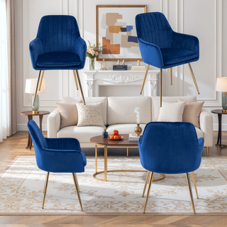 Sunvega Blue Velvet Mid-Back Dining Chairs with Gold Plated Legs for Living Room